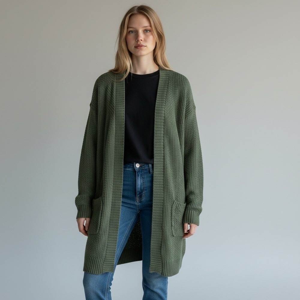 GAP Olive Green Textured Cotton Open Front Longline Cardigan Sweater Size M NWT